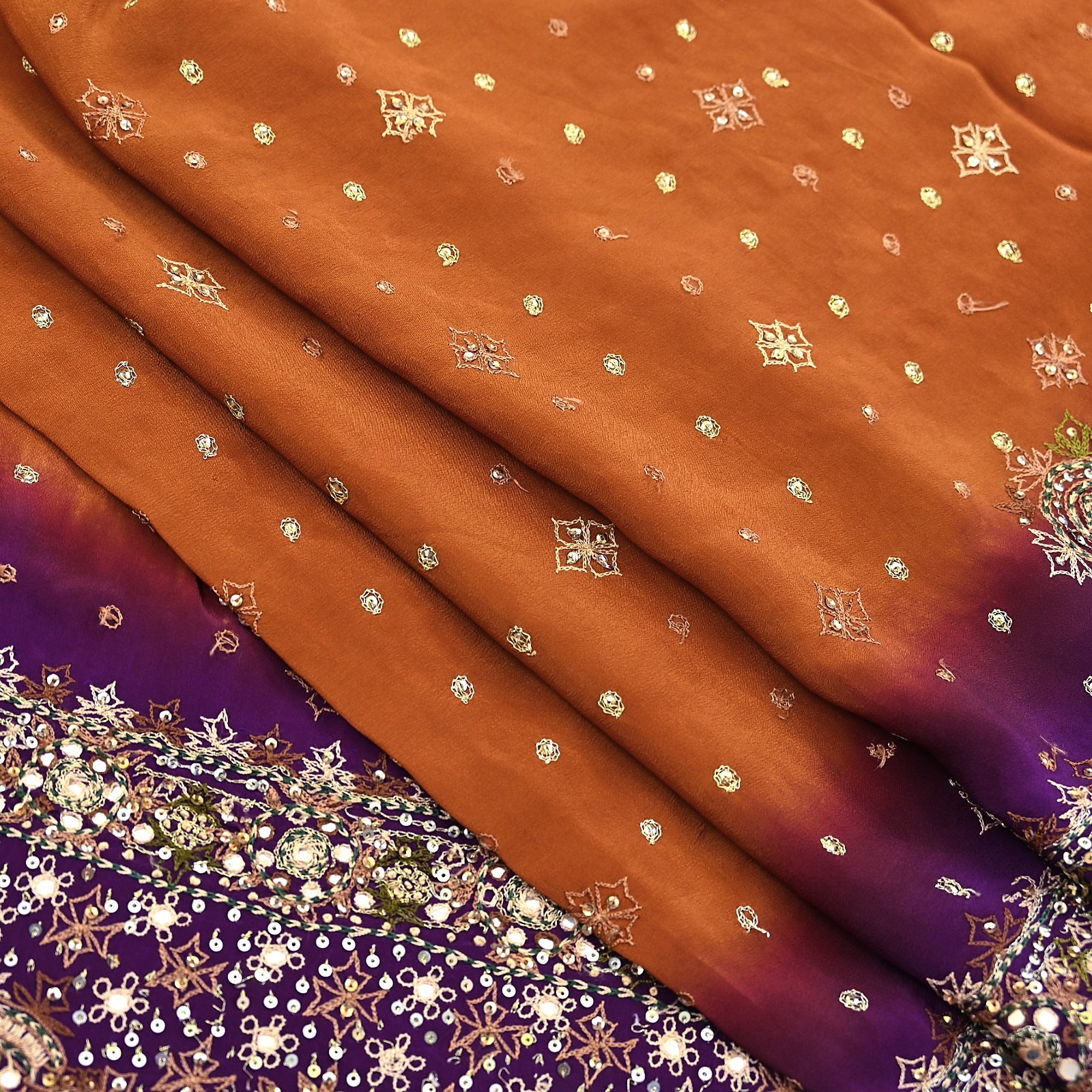 Indian Vintage Sari Purple & Mustard Pure Crepe Silk Hand Embroidered Sarees 6yd