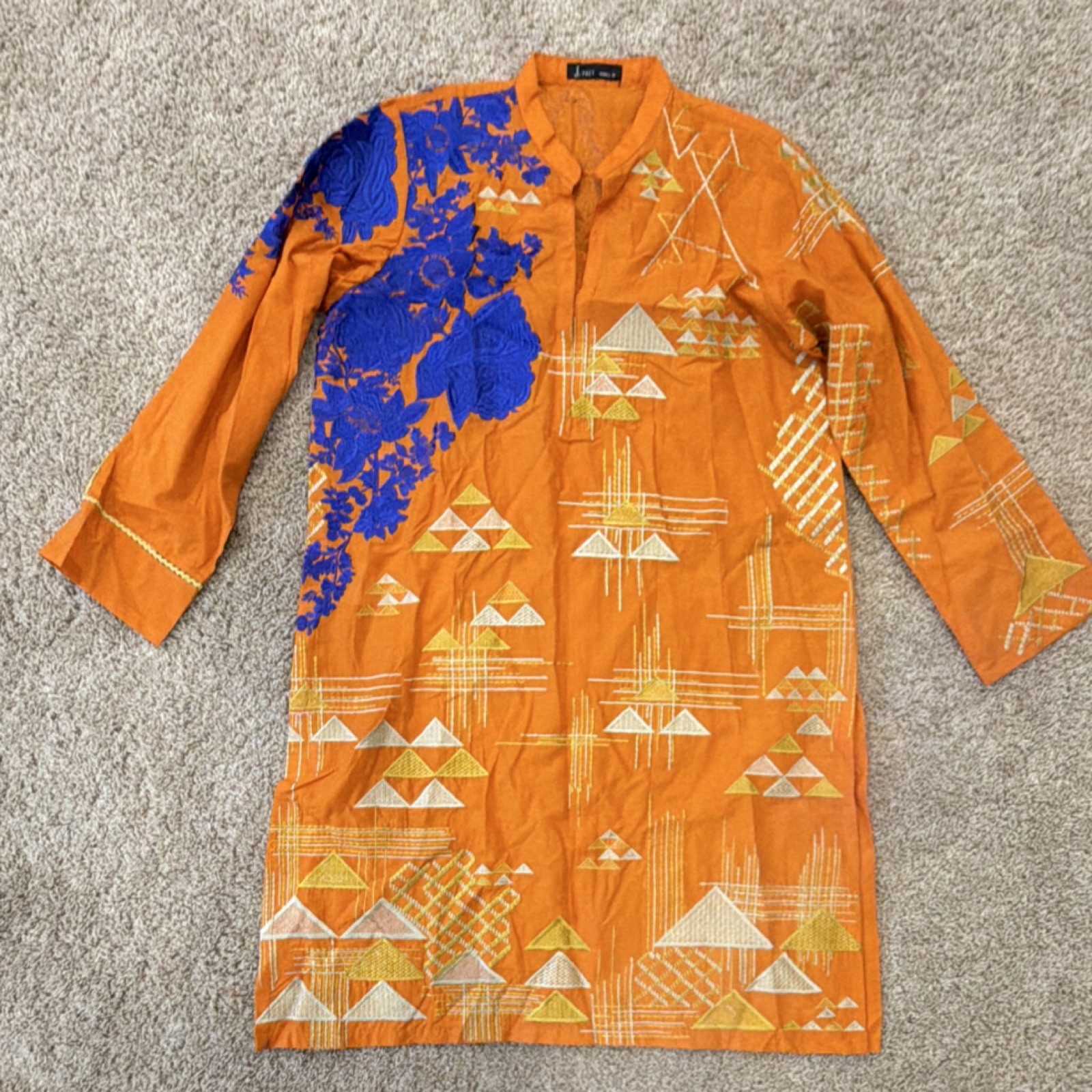 J. Pret Womens Orange & Blue Printed Cotton Woven Kurta/Kurti Tunic S
