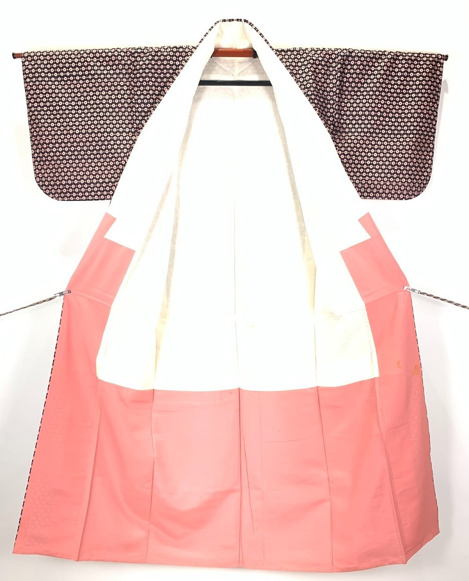 Vintage Japan S Silk Tsumugi Kimono Pink Black Plaid Check Pattern Yuki 24in Zen