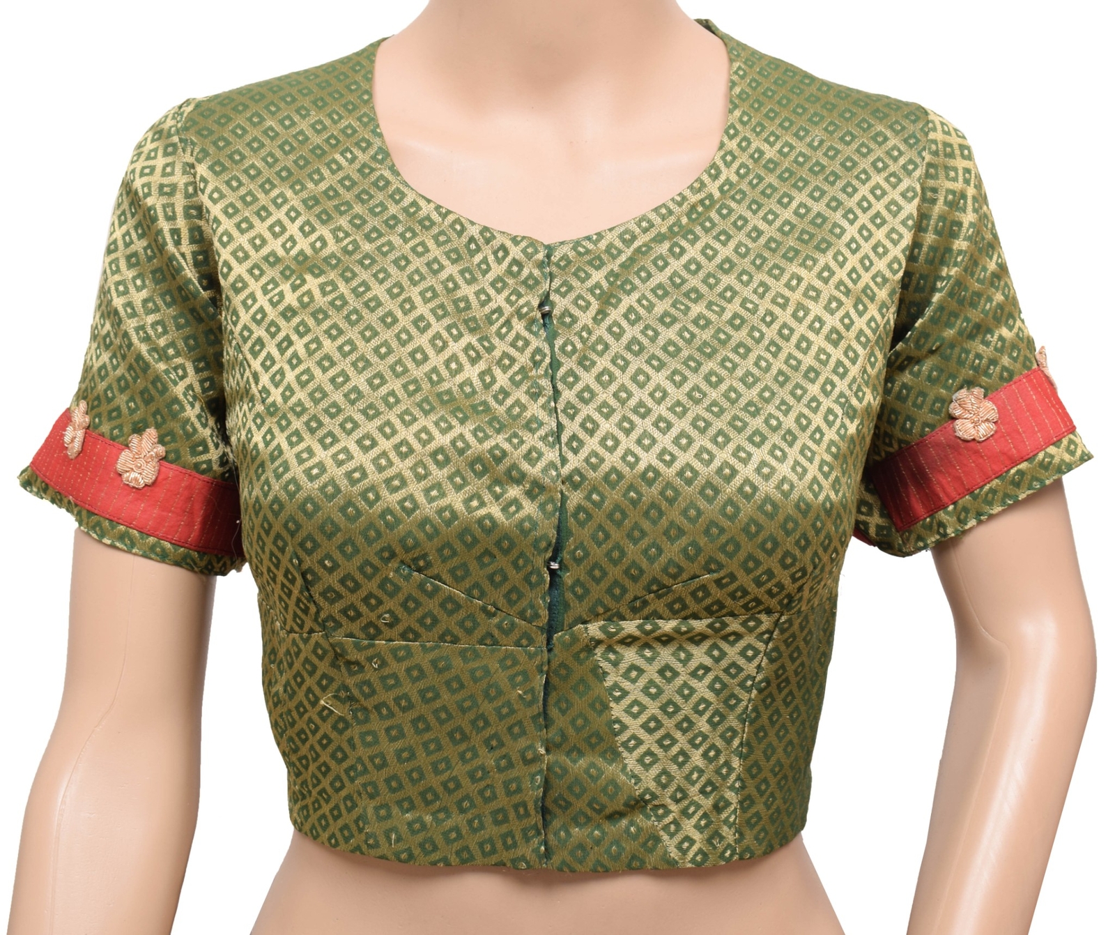 Sushila Vintage Readymade Green Sari Blouse Pure Georgette Woven Floral Top-42″