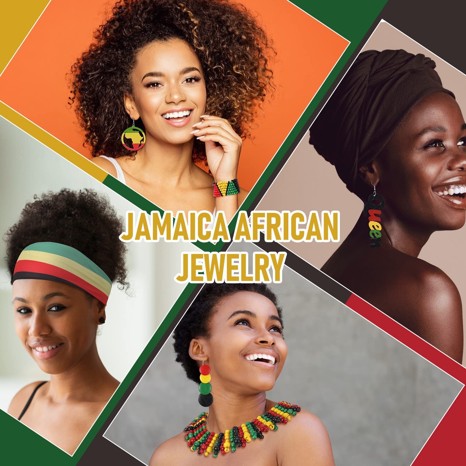 9 Pcs Women’s African Jamaican Accessories Set – Rasta Turban, Earrings, Necklac