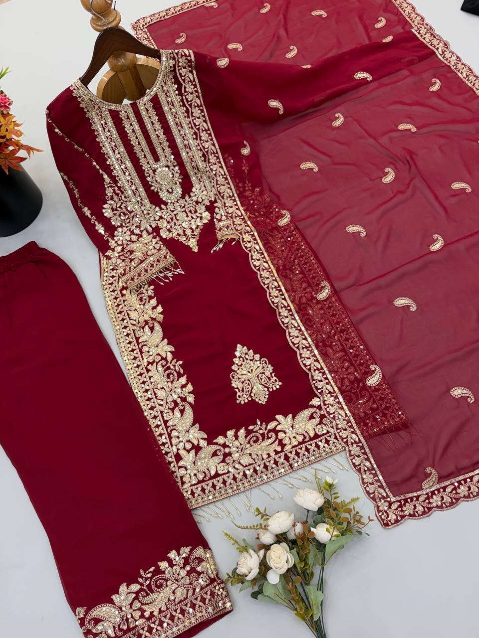 New Designer Maroon Faux Georgette Salwar Kameez With Dupatta For Wedding Wear