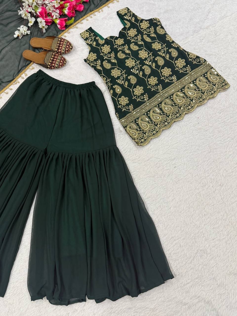 Latest New Green Faux Georgette Kurta Palazzo With Dupatta For Festival Wear