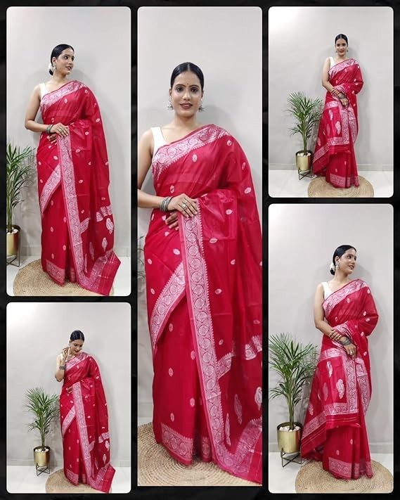 Women Kanjivaram Kanchipuram Soft Cotton Linen Silk Saree with Blouse Piece