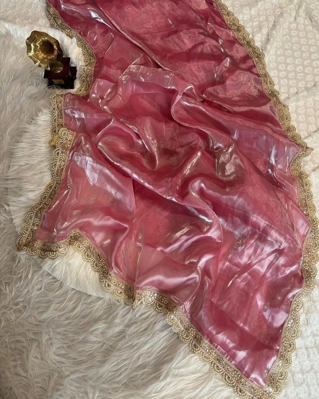Pink Designer Saree with Mirror Work Stone Handwork Blouse