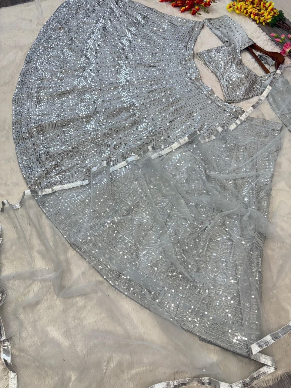 Attractive Look Rangoli Silk Grey Lehenga Choli With Dupatta For Wedding Wear