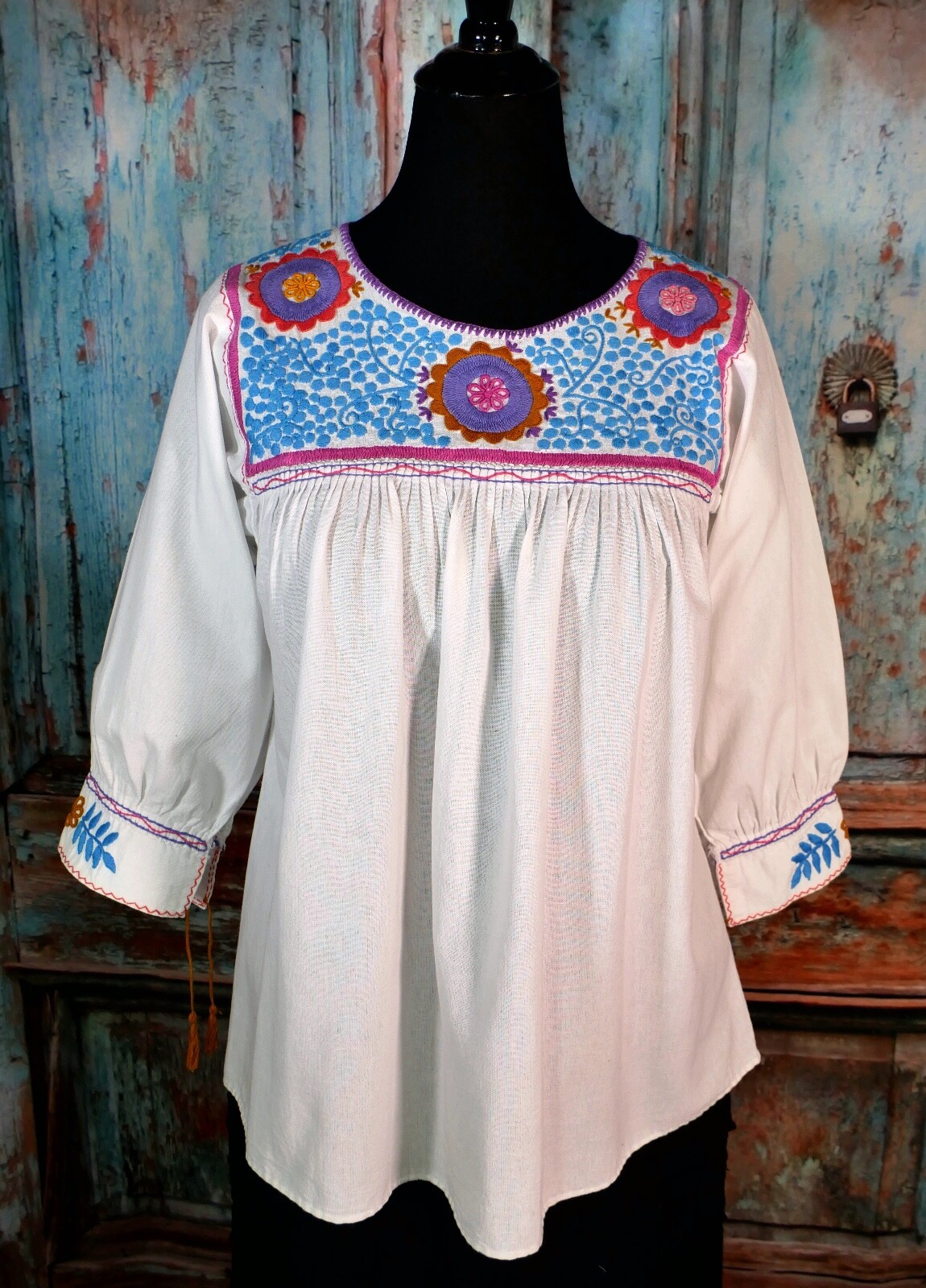 Peasant Blouse Hand Embroidered Flowers White Cotton Fabric Mayan Chiapas Mexico