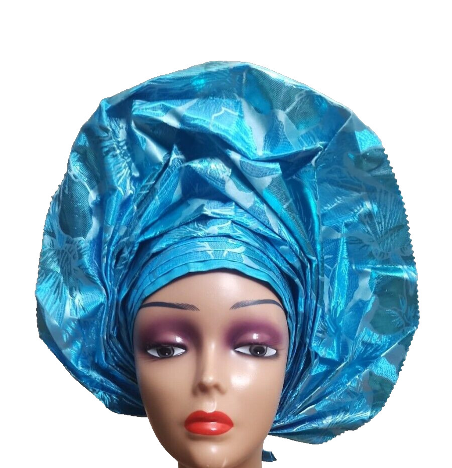 Authentic African Turquoise Blue auto gele for women. NEW