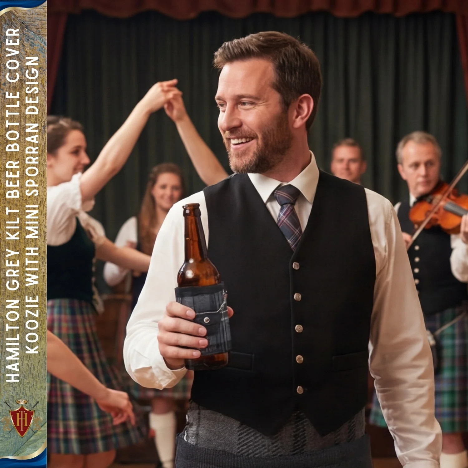 Hamilton Grey Kilt Beer Bottle Cover Koozie with Mini Sporran Design