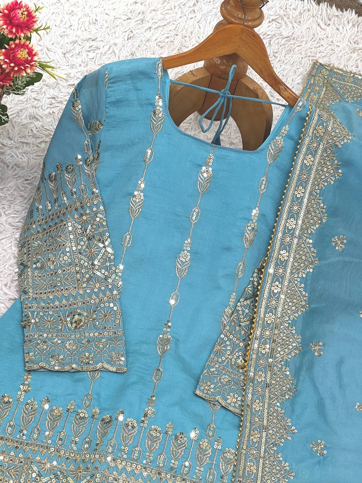 Presenting New Designer Vichitra Silk Kurta Palazzo With Dupatta For Party Wear