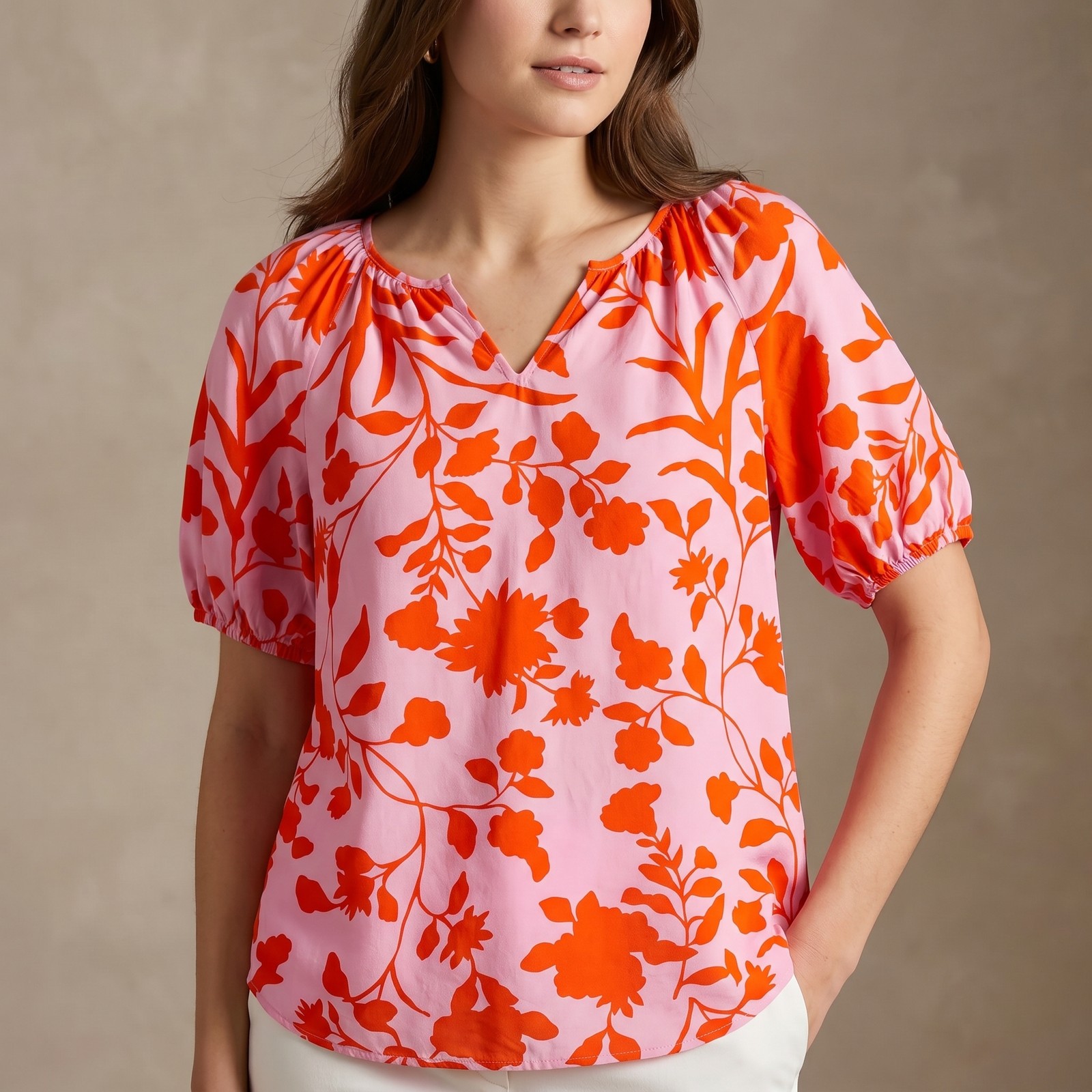 Talbots Women’s Floral Blouse Split Neck Puff Sleeve Boho Pink Orange Size M