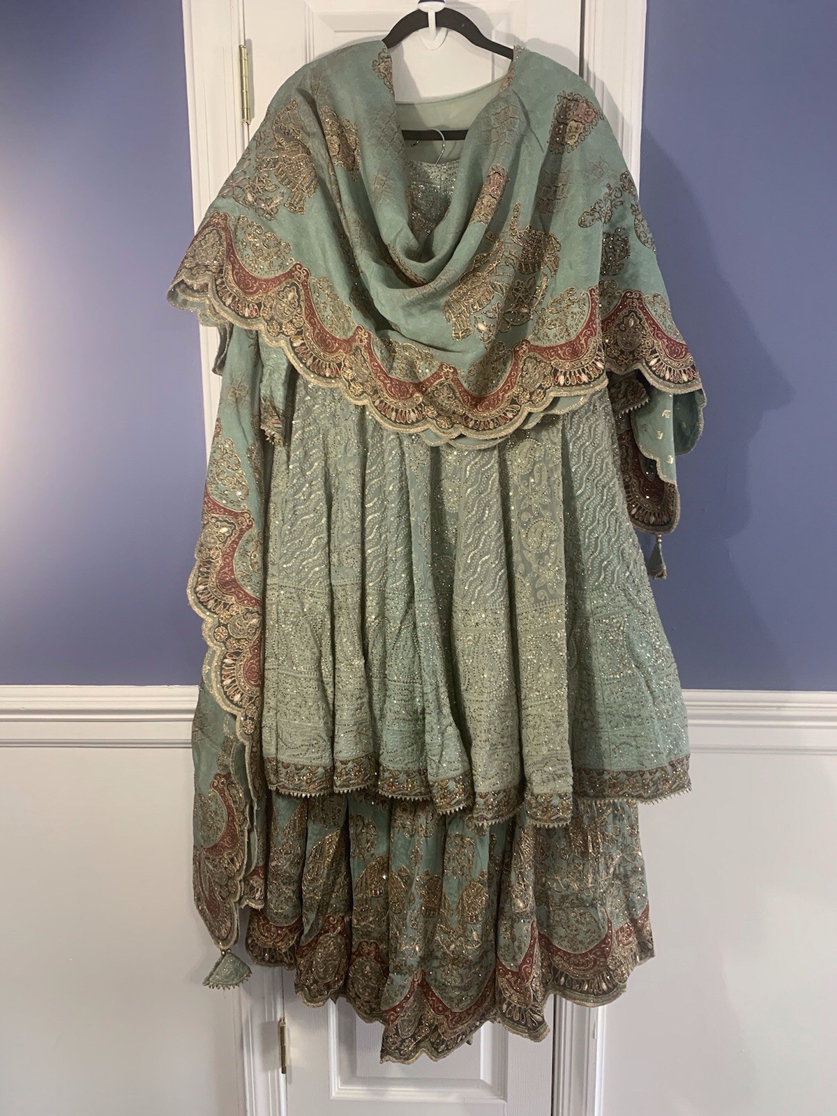 Green Gharara with Pattern & Gold Sequin Detail