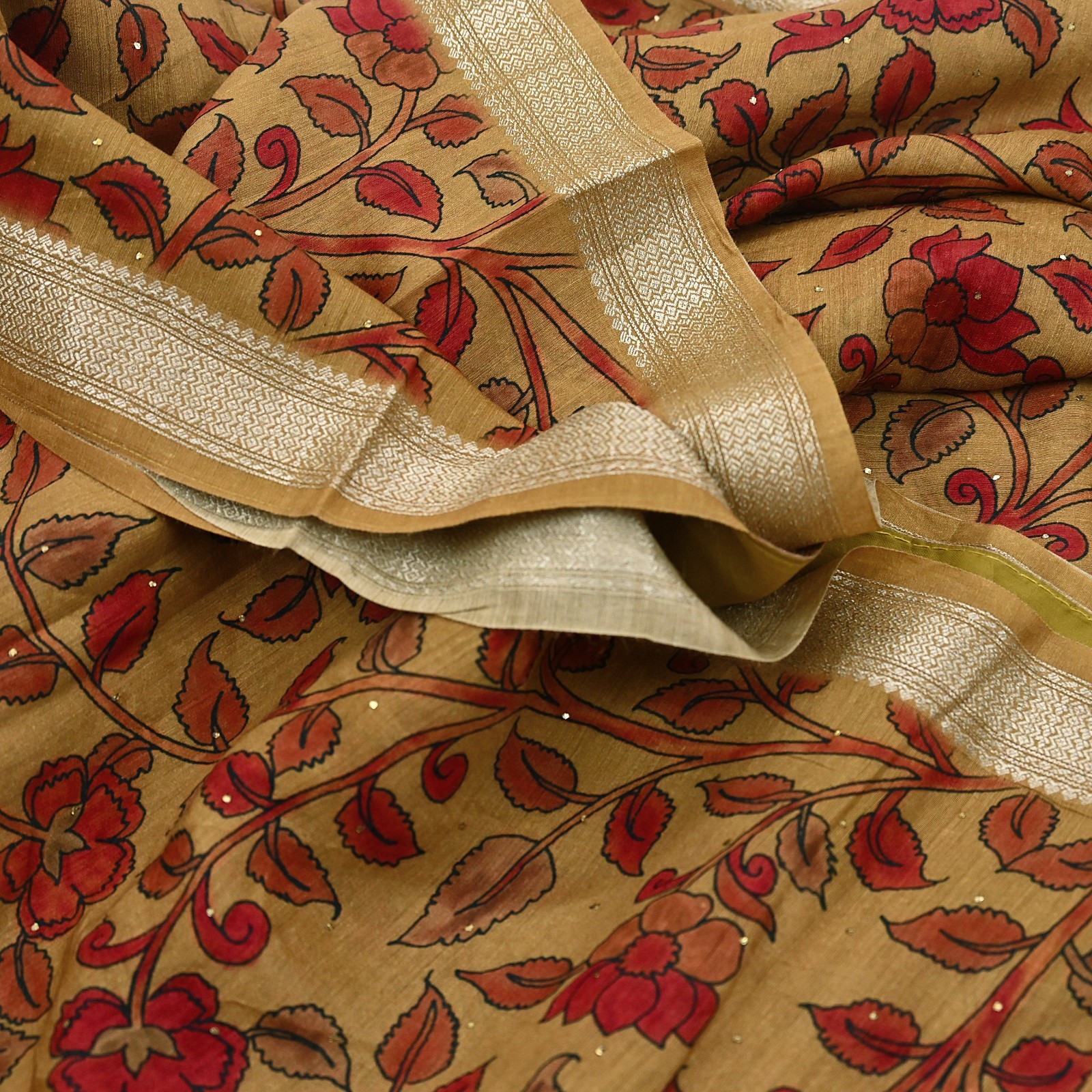 Indian Vintage Sari Pure chanderi Silk Kalamkari Print Saree Craft Fabric 5Yd