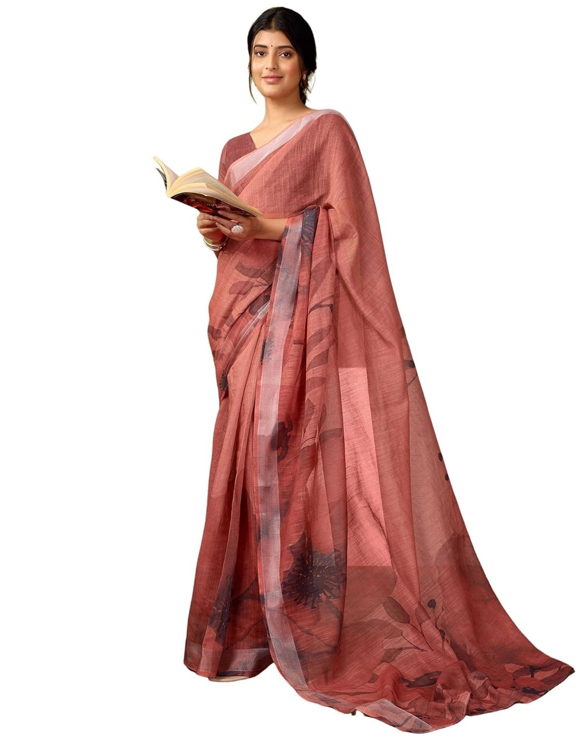 Women’s Cotton Linen Printed 1 Minute Ready to Wear Saree With Blouse Piece