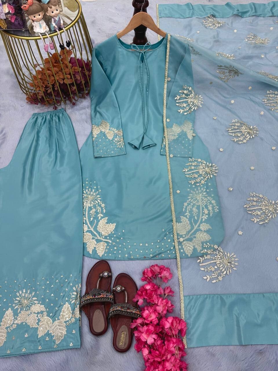 Party Collection Pure Natural Crepe Sky Blue Top Palazzo And Dupatta For Women