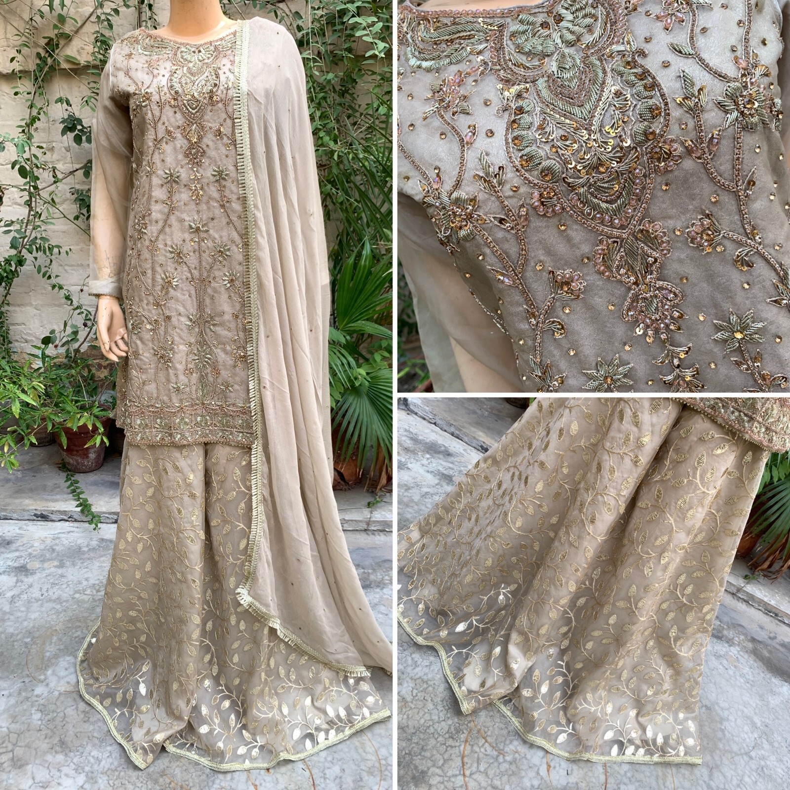 Pakistani Beige Straight Style Embroidered Sequins Organza Sharara Dress,S