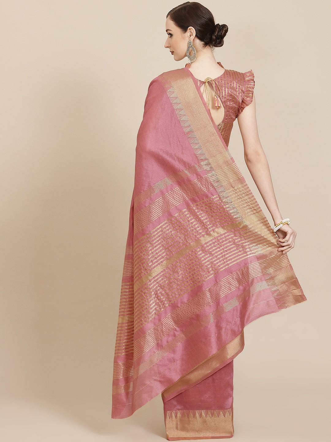 Women’s Pink Art Silk Saree Gold Zari Border Traditional Indian Wedding Party We