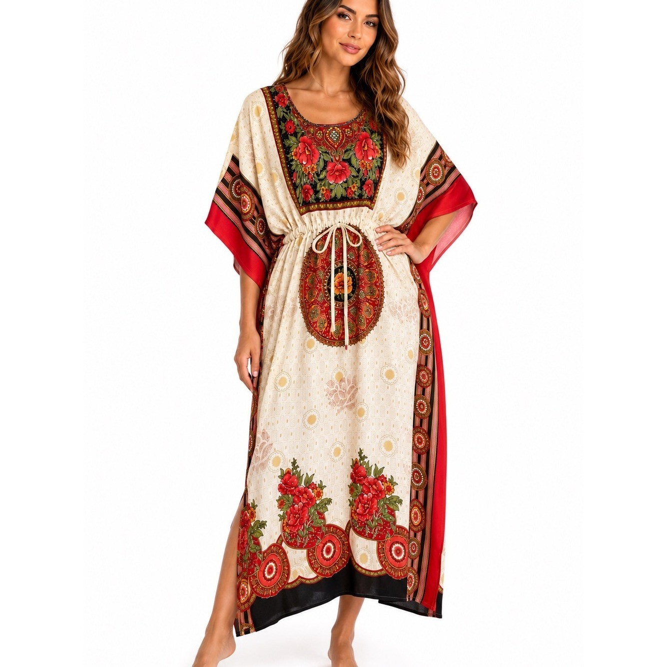 Riviera Sun Floral Caftan Kaftan Cover Up Dress Boho Drawstring Waist One Size