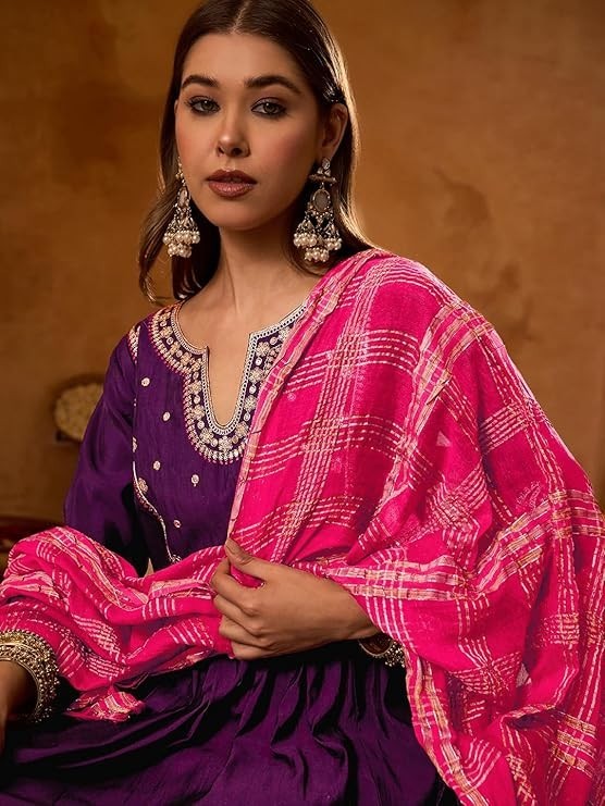 Women Purple Plus Size Embroidered Indian Rayon Kurta Top & Trouser With Dupatta