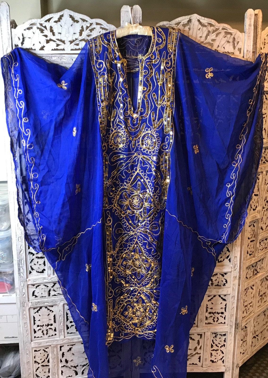 Kalieji caftan abaya belly dance dress royal blue chiffon gold tone sequins