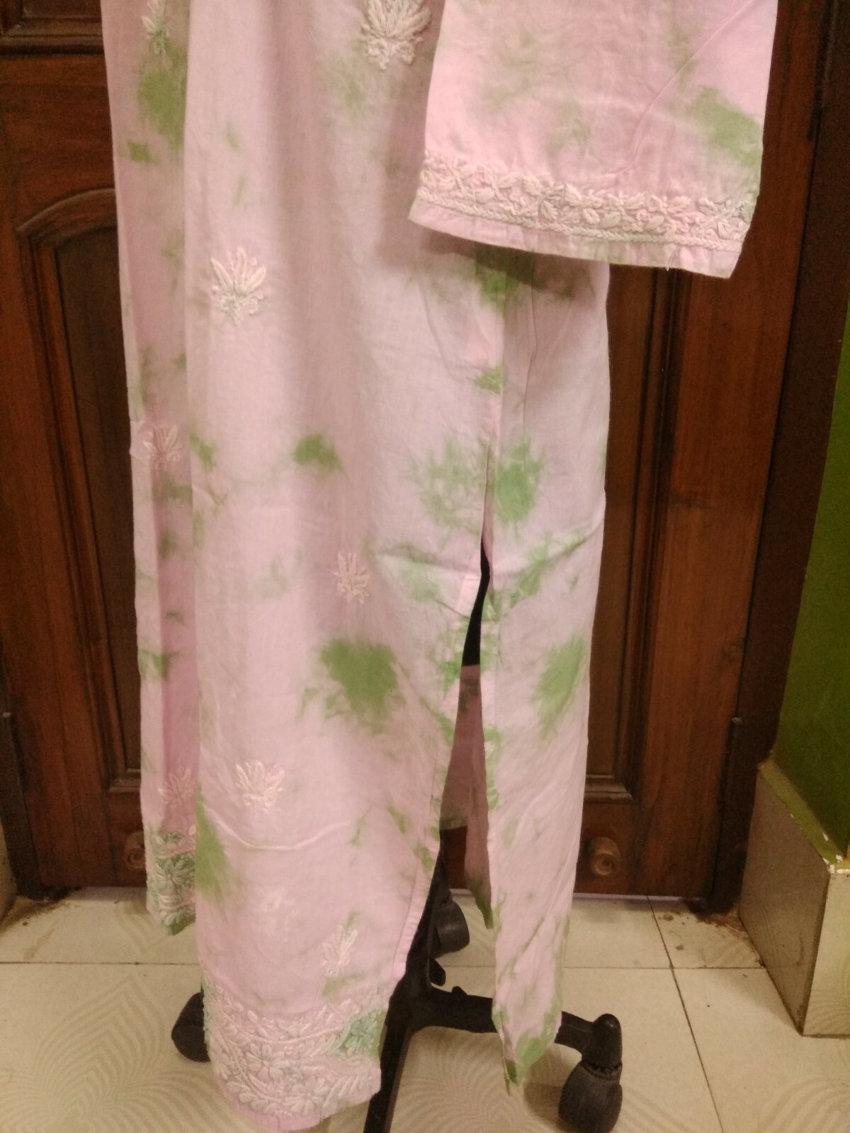 ETHNIC LONG TIE DYE XL 45 TUNIC KURTA CHIKAN EMBROIDERY HANDMADE 100% COTTON TOP