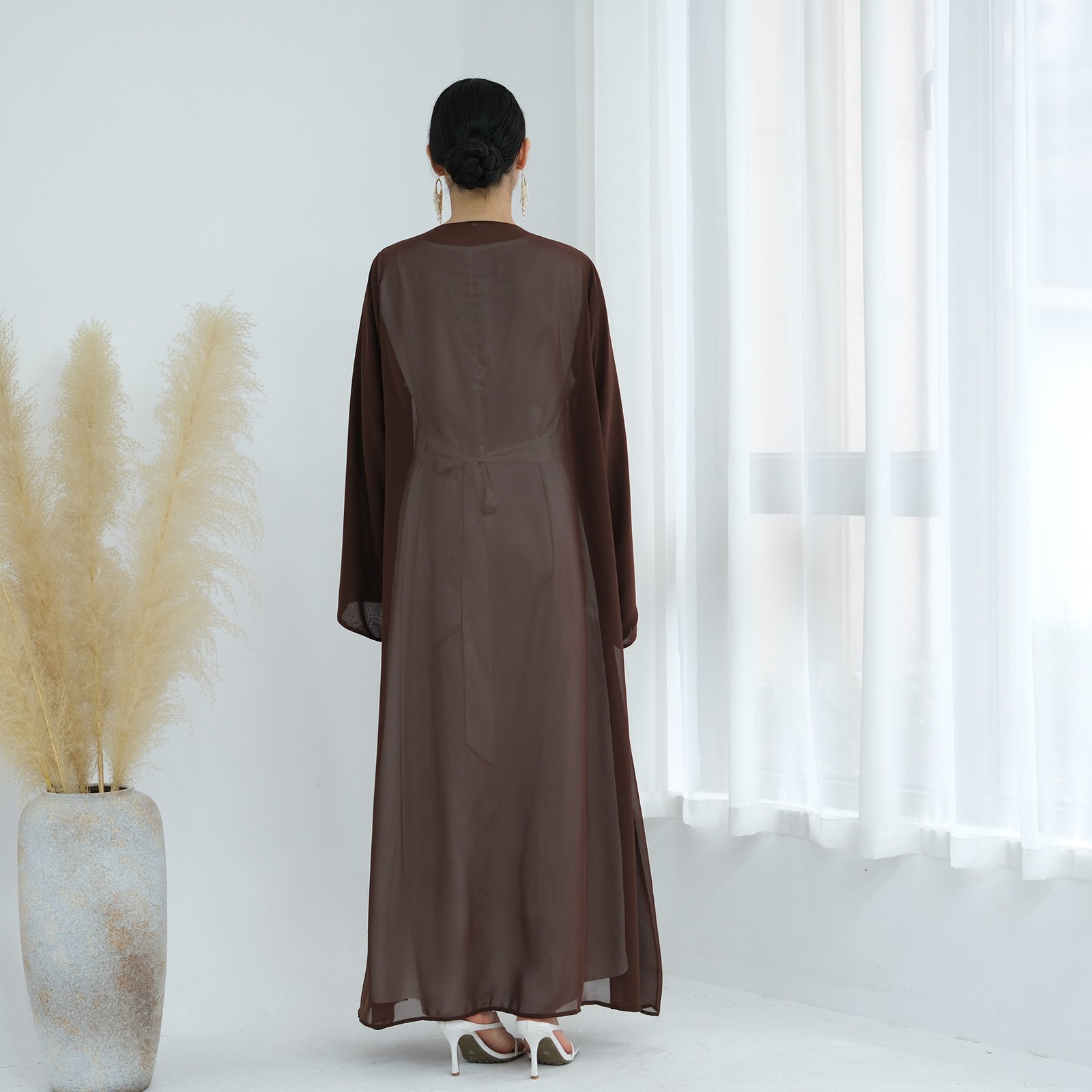 Dubai Women Open Abaya With Hijab Elegant Loose Cardigan Solid Color Inner Dress