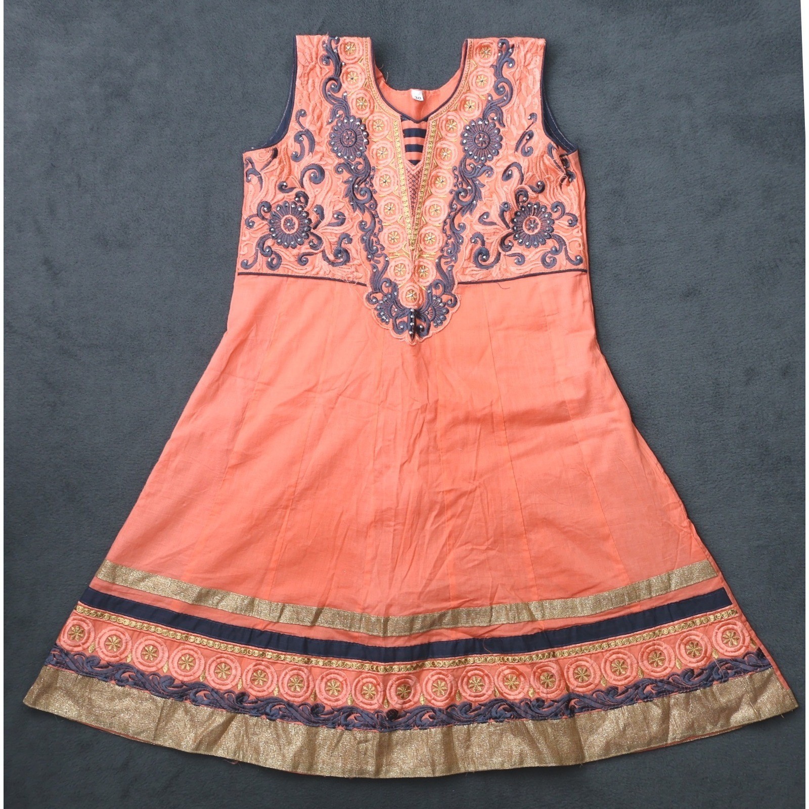 Unbranded Anarkali Kurta Women 30 Peach Excellent Embroidered Sleeveless Kurti