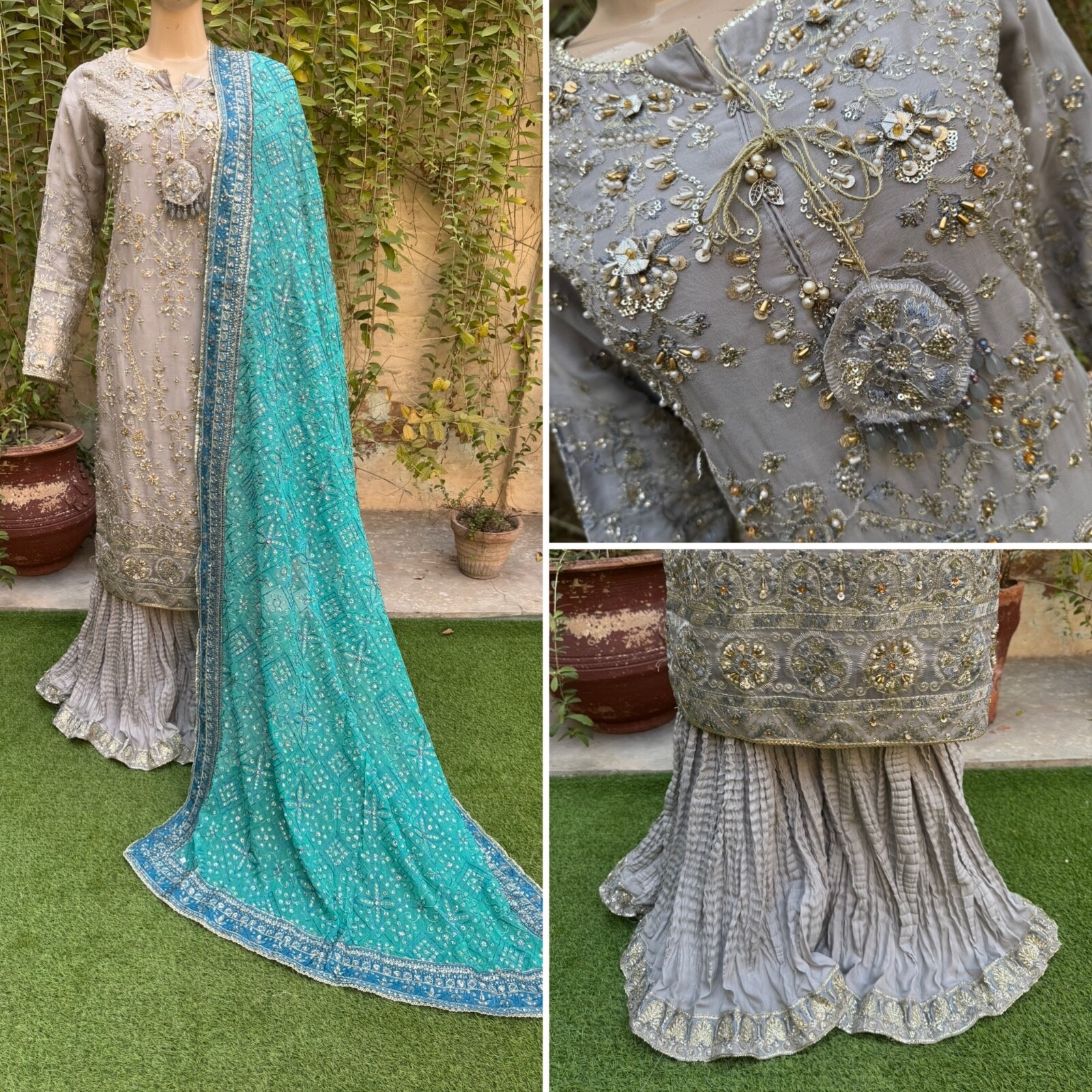 Pakistani Gray Straight Style Embroidered Sequins Chiffon Sharara Dress,L