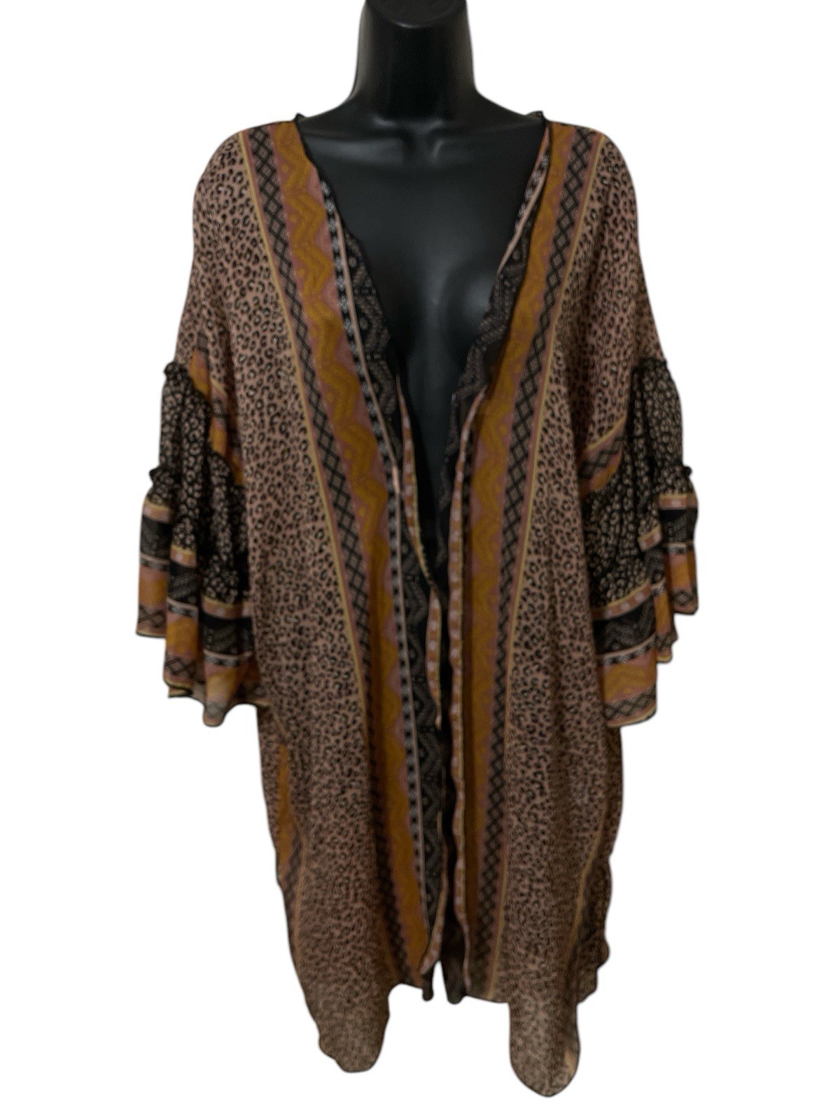 Democracy Kimono Womens L/XL Brown Animal Print Ruffle Lagenlook Boho Coverup