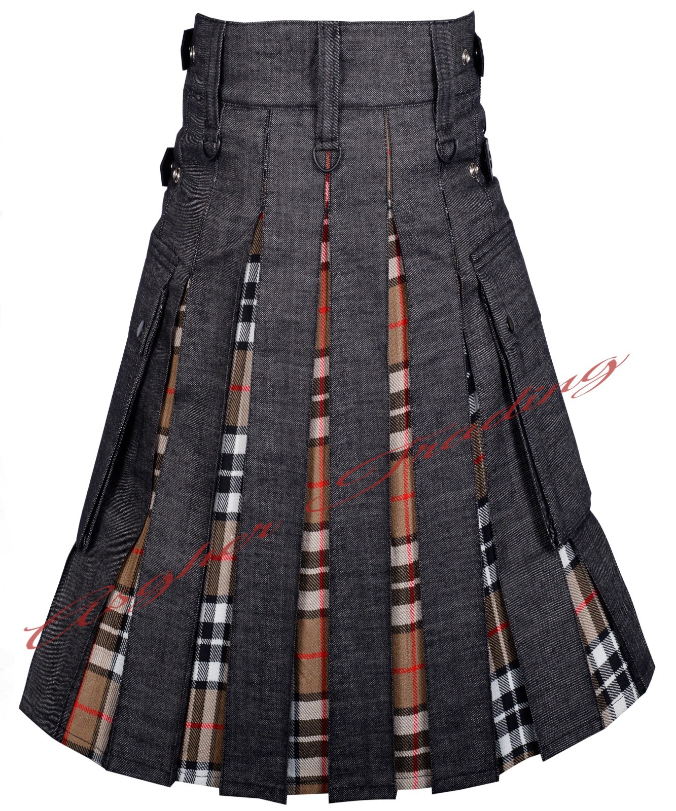 Handmade Scottish Black Denim & Thomson Camel Tartan Hybrid Utility Kilt For Men