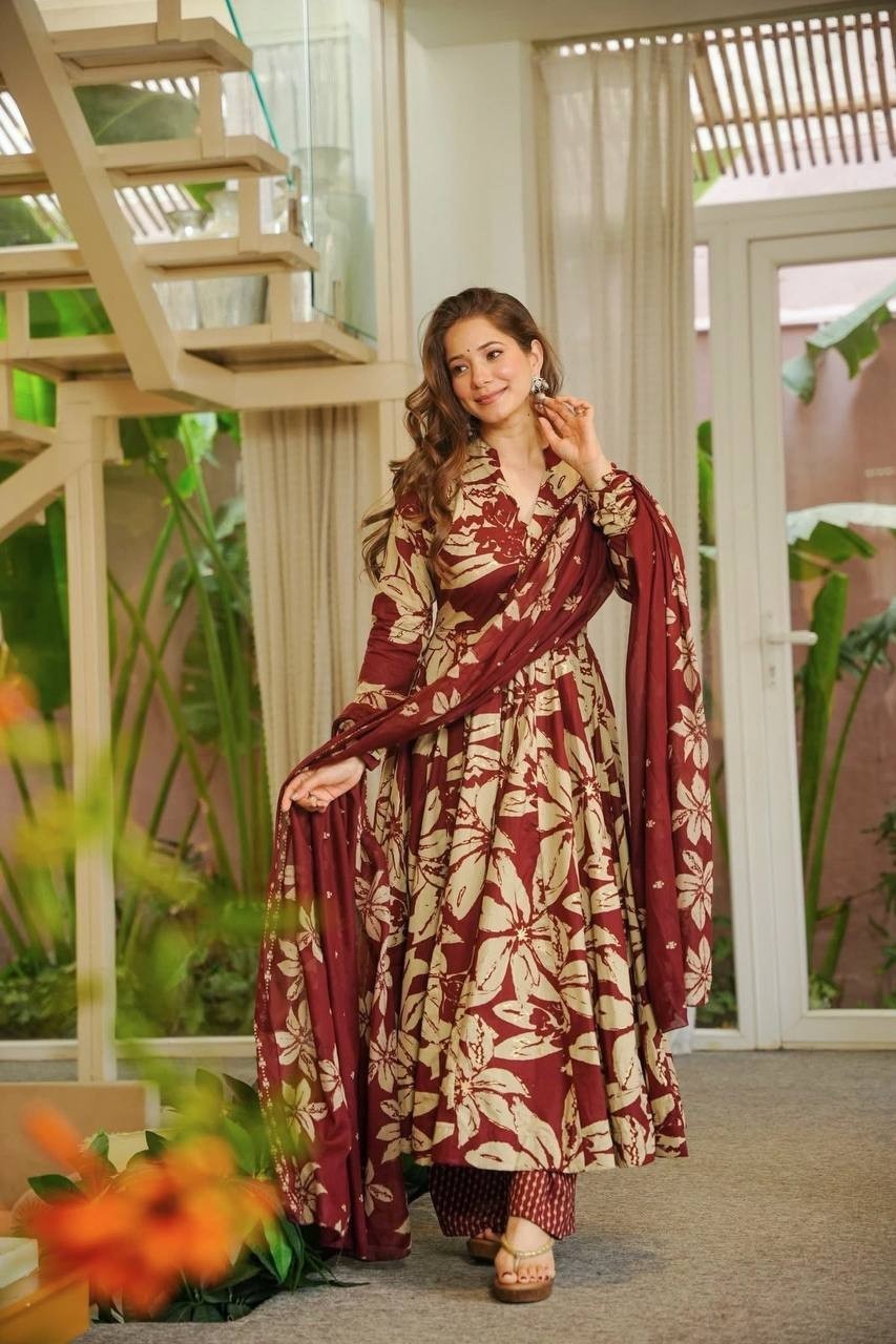 Designer Red Maslin Cotton Gown Bottom With Dupatta For Festive Wear