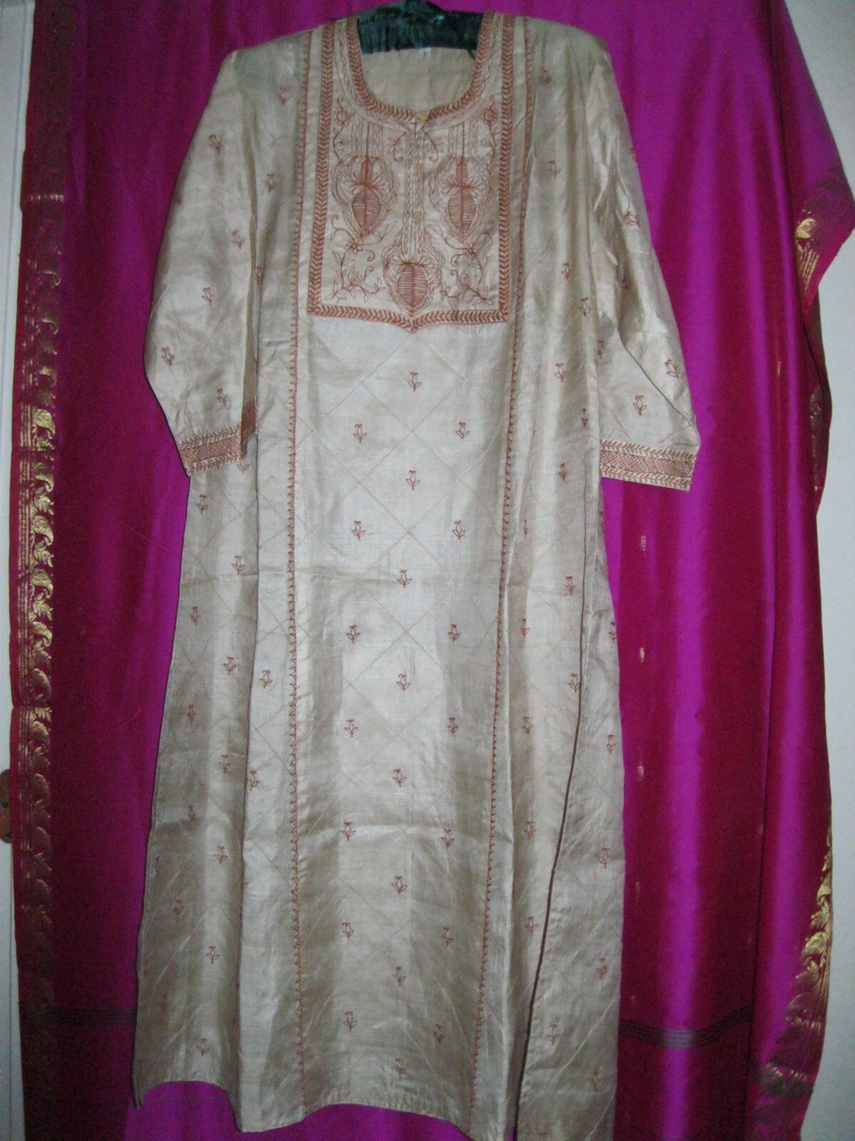 INDIA, SILK GARMENT SZ. M., TAN W/ MANGO COLORED EMBROIDERY, 3/4 SLEEVES