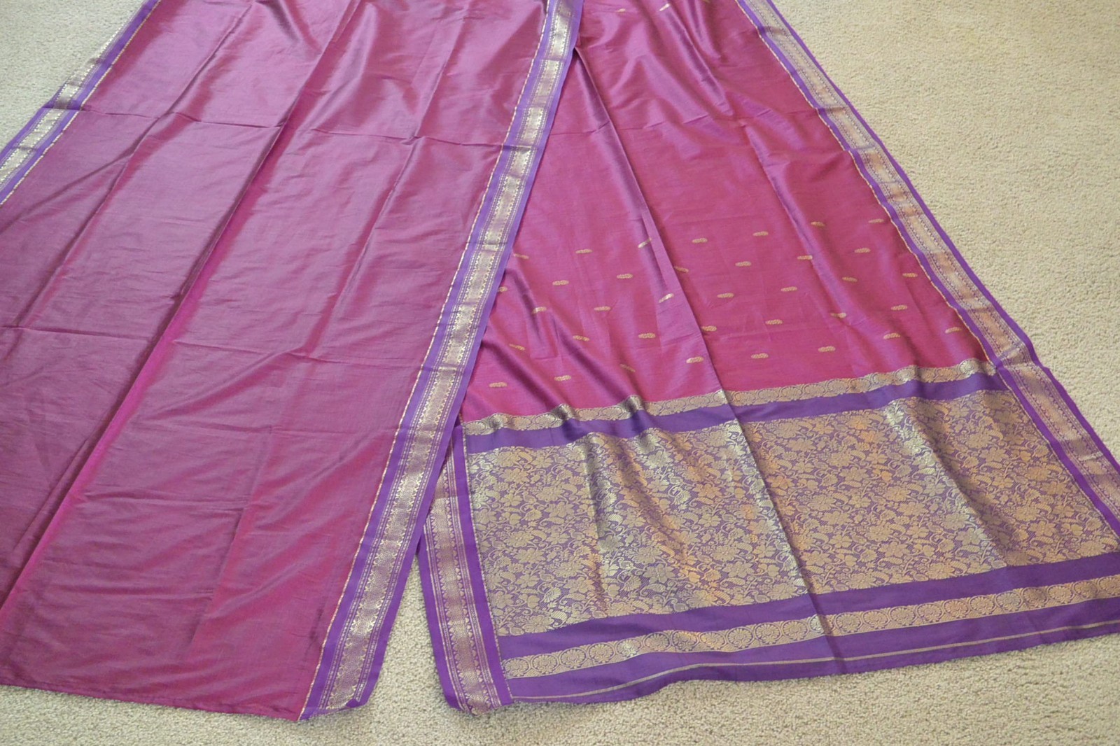 Purple gold Saree polyester blend 6 yards 13″ x 44″ hemmed