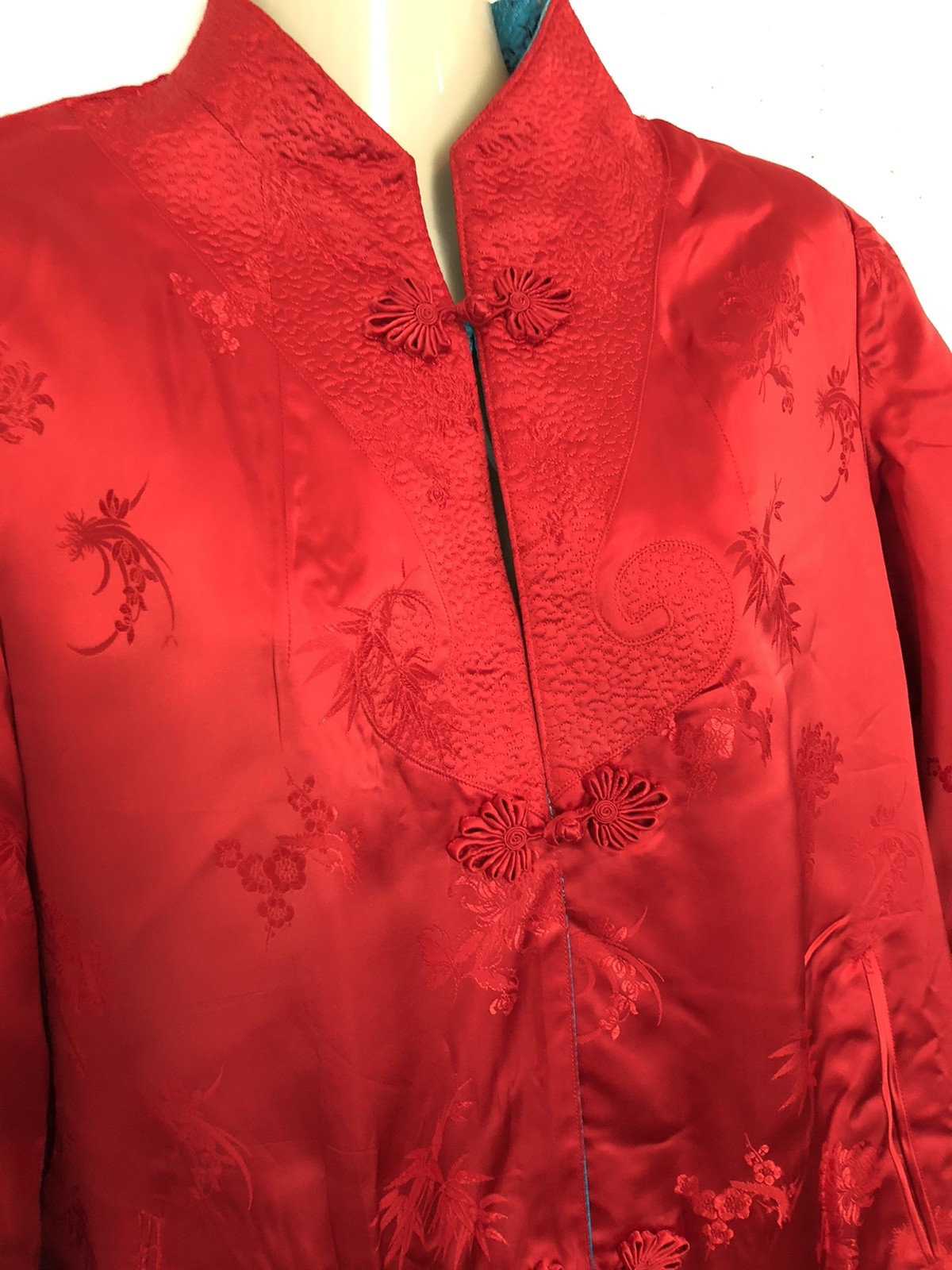 Vtg Peony Brand Chinese Kimono Size 38 Women’s S-M Reversible Blue Or Red FLAWED