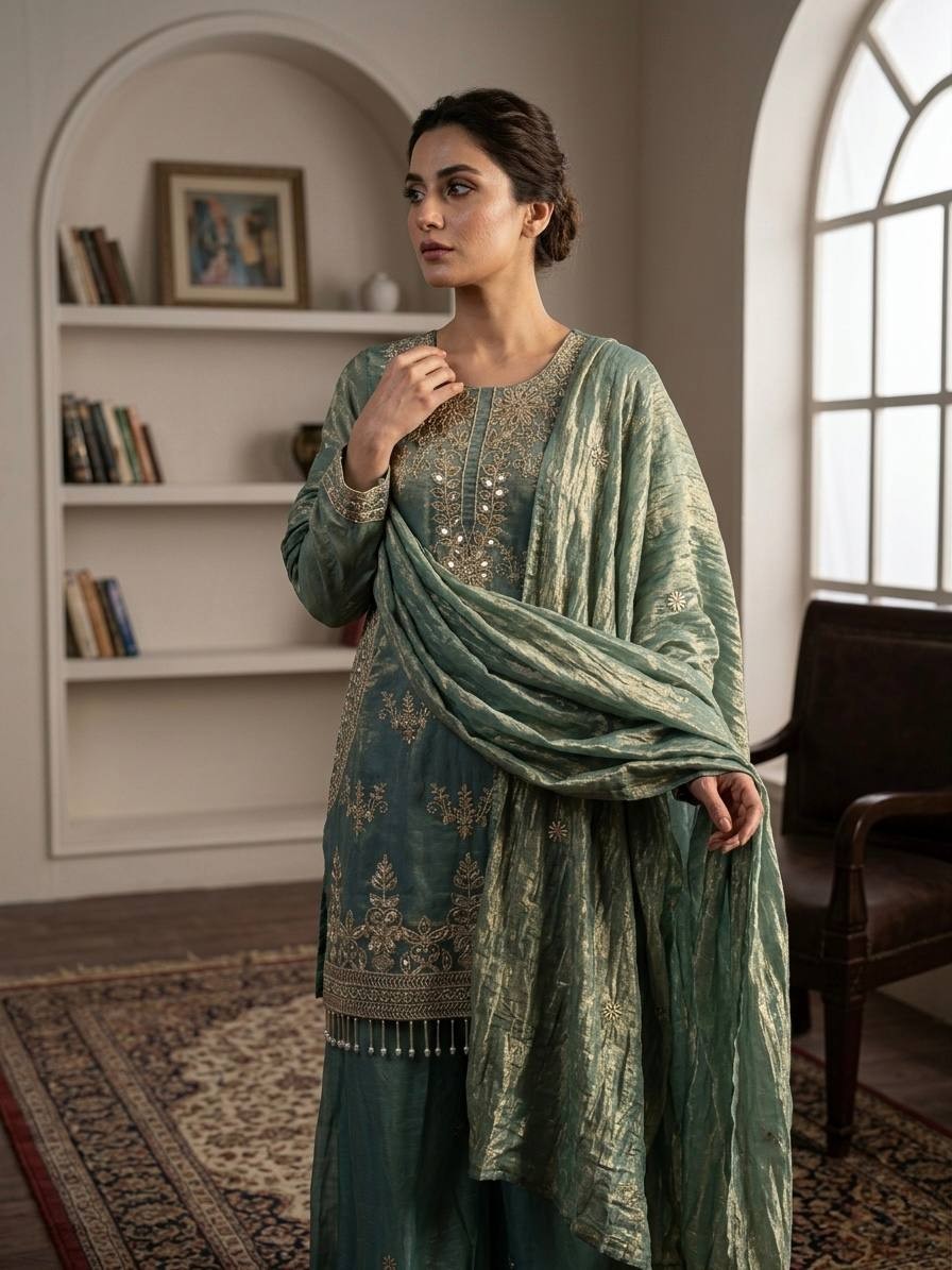 Designer Pakistani Readymade Silk Sharara Suit Embroidery Dupatta Set