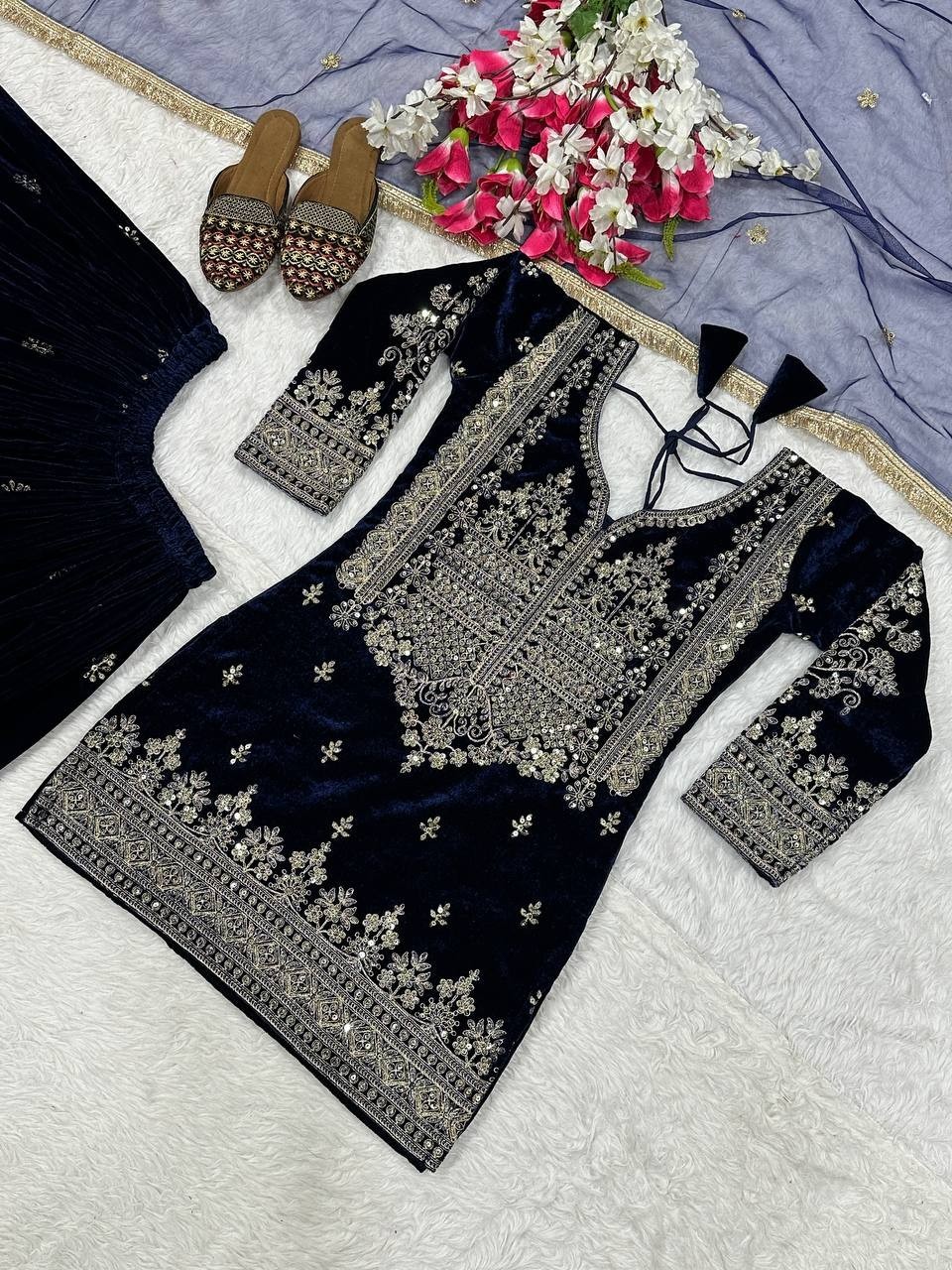 Attractive Designer Viscose Velvet Kurta Palazzo With Net Dupatta For Women