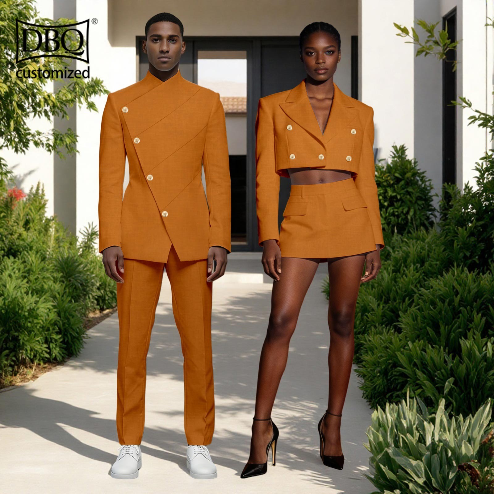 African Couple Cloth Customizable Men Jacket Pants Set Women Short top Skirt Set