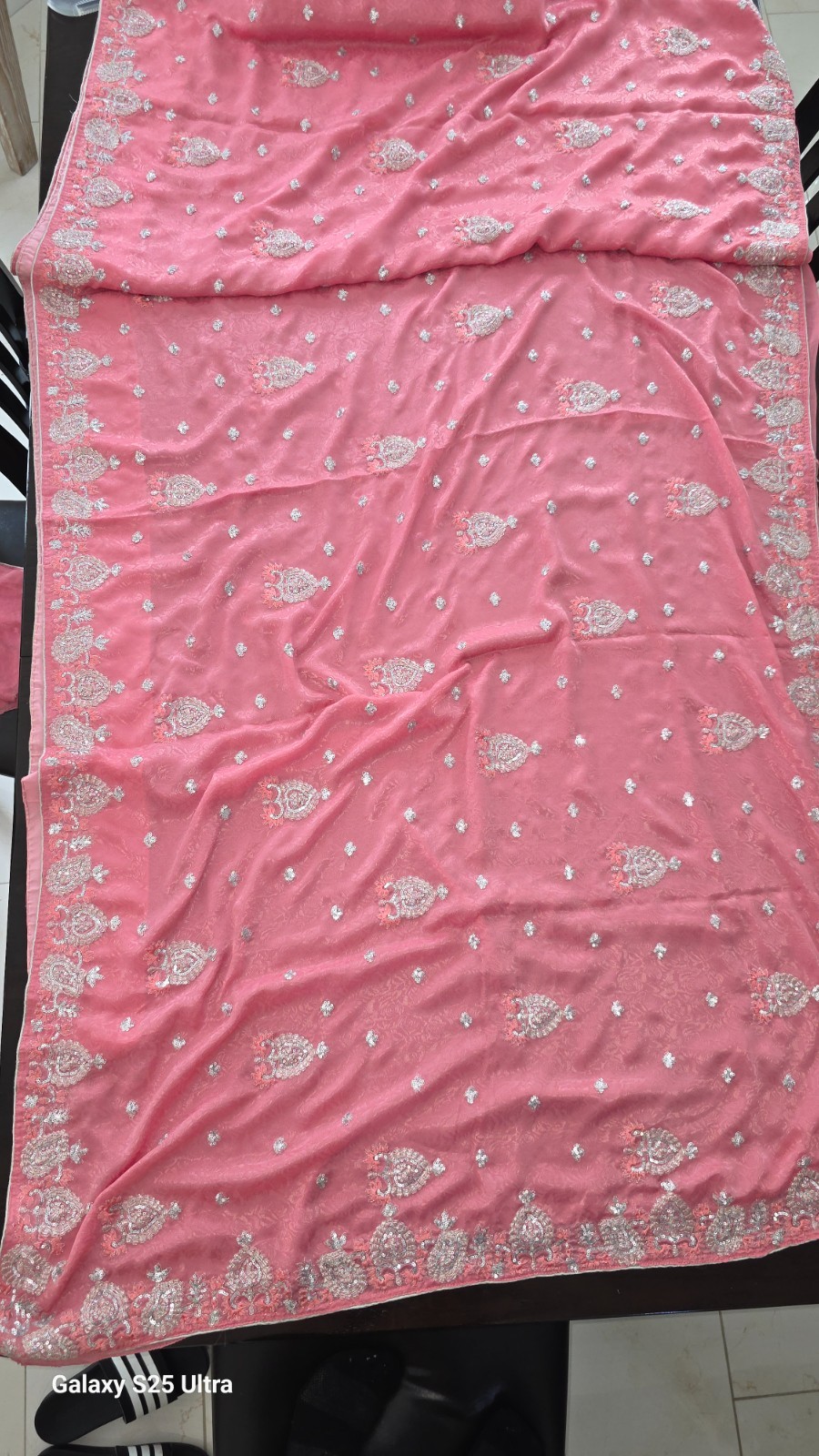Elegant Pink & Silver Embroidered Chiffon Saree with Blouse Pieces ✨