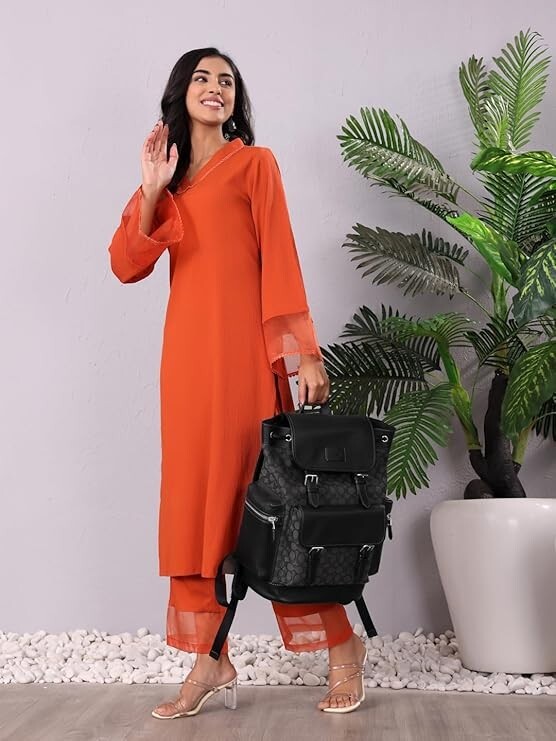 Women Orange Rust Solid Indian Rayon Kurta Top With Trousers , Kurti With Pants