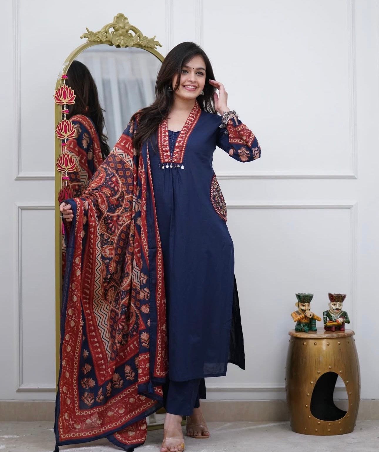Women’s Navy Blue Cotton Kurta Set with Printed Dupatta Indian Ethnic Suit