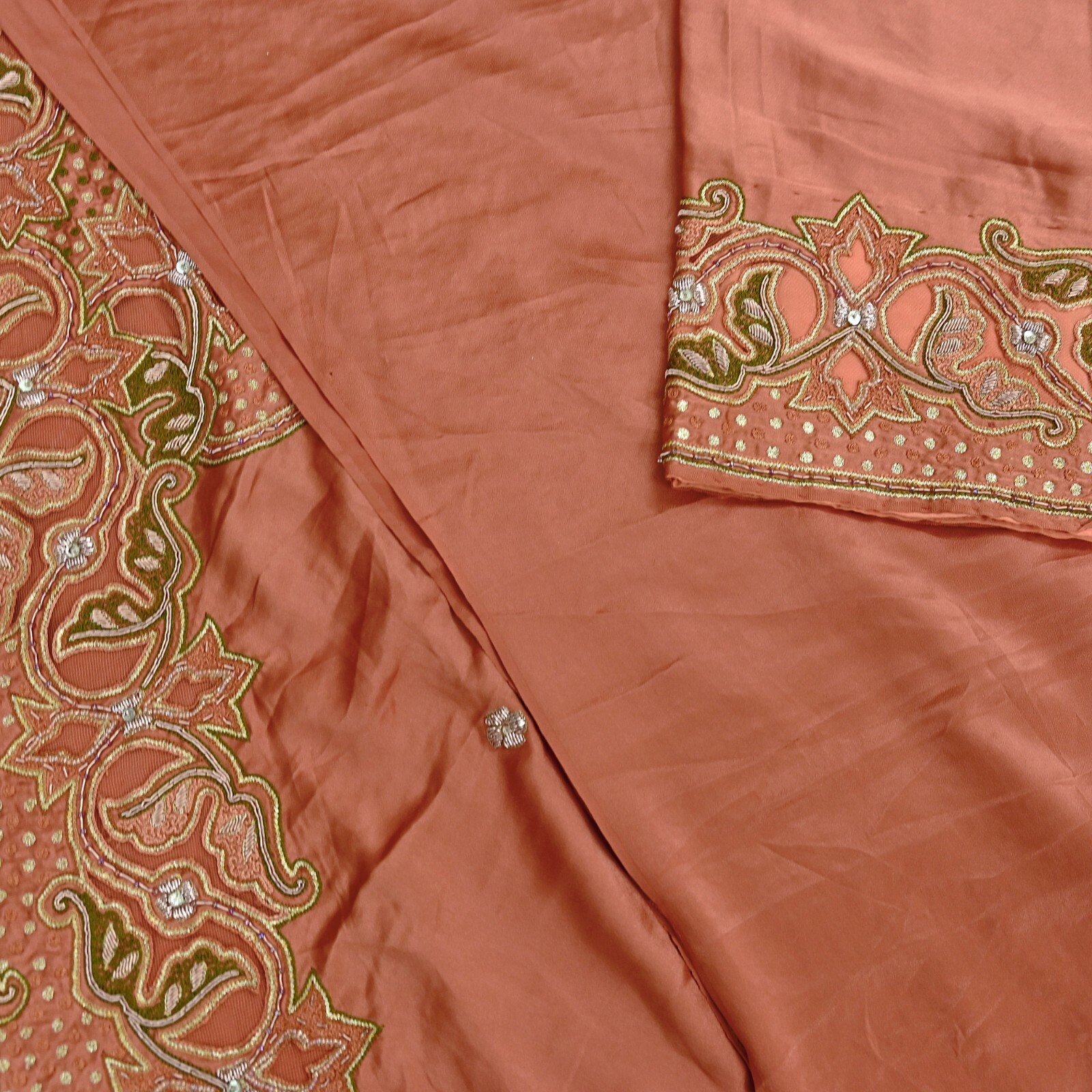 Vintage Heavy Peach Sari Hand Embroidered Saree Pure Satin Silk 5yd Ethnic Dabka