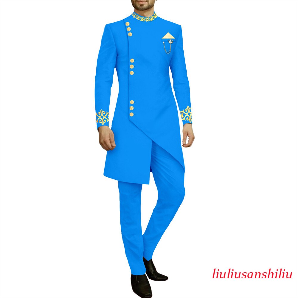 Men African Suits Dashiki Embroidery Jacket and Pants 2 Piece Set Formal Outfits