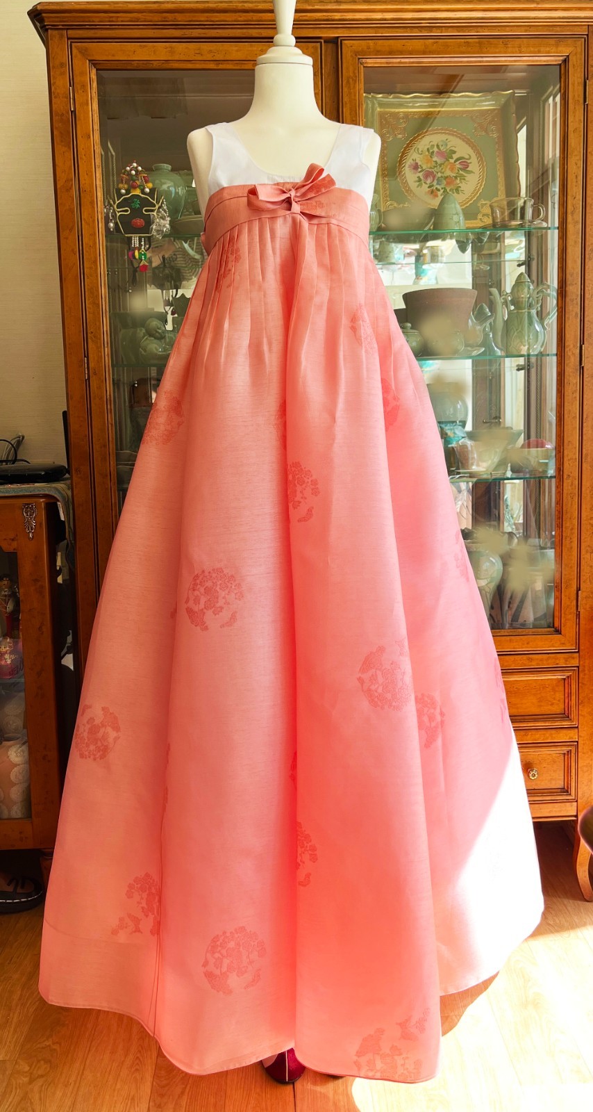 Premium Silk Traditional Korean Hanbok Dress 6pc Set – White & Peach, Tall Fit