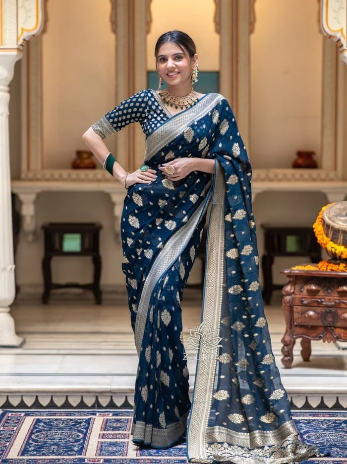 Navy Blue Wedding Saree Soft Lichi Silk Jacquard Rich Pallu Indian Ethnic Wear