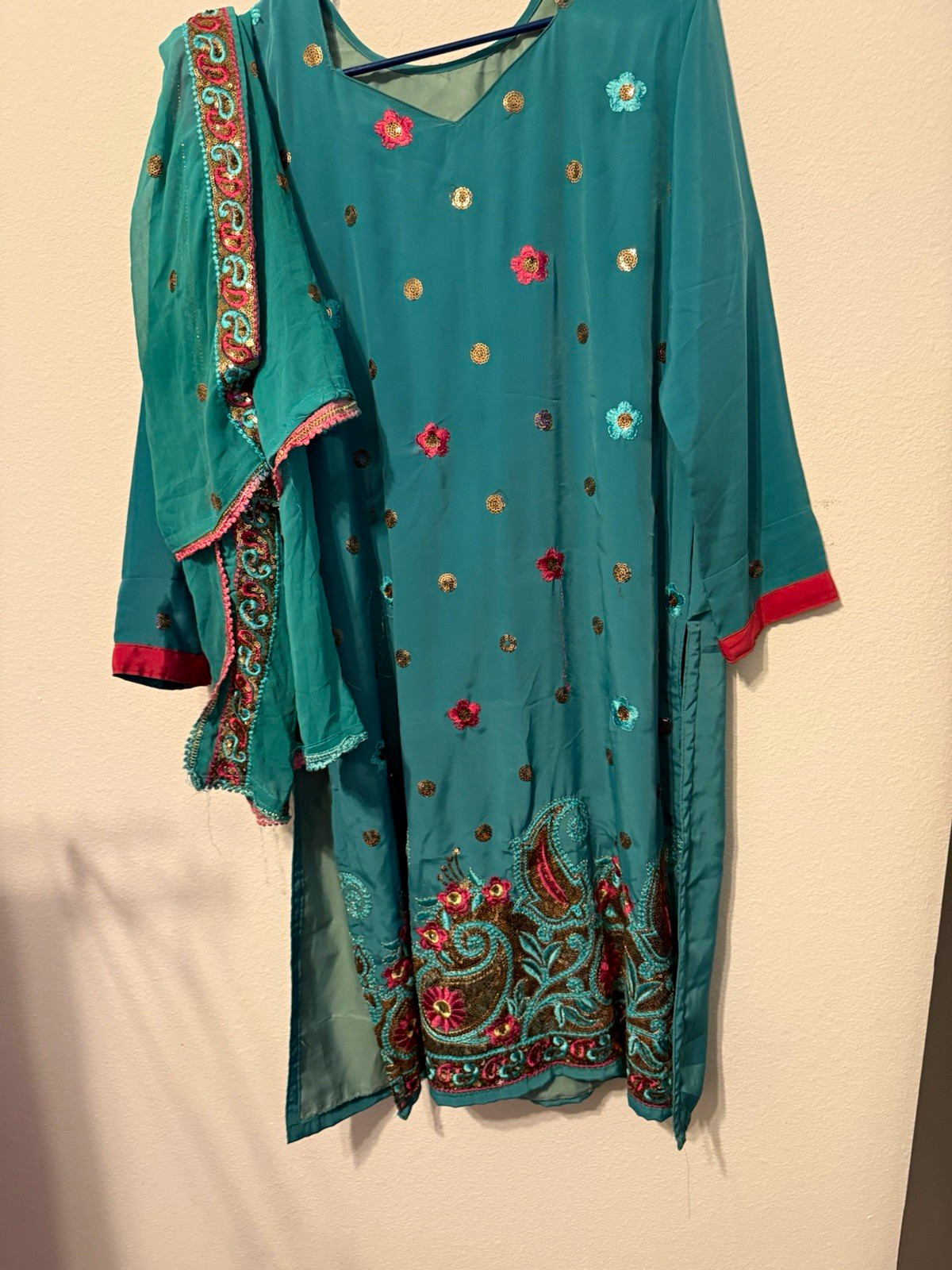 Women’s Salwar Kameez Set Green Chiffon Embroidered w/ Dupatta M