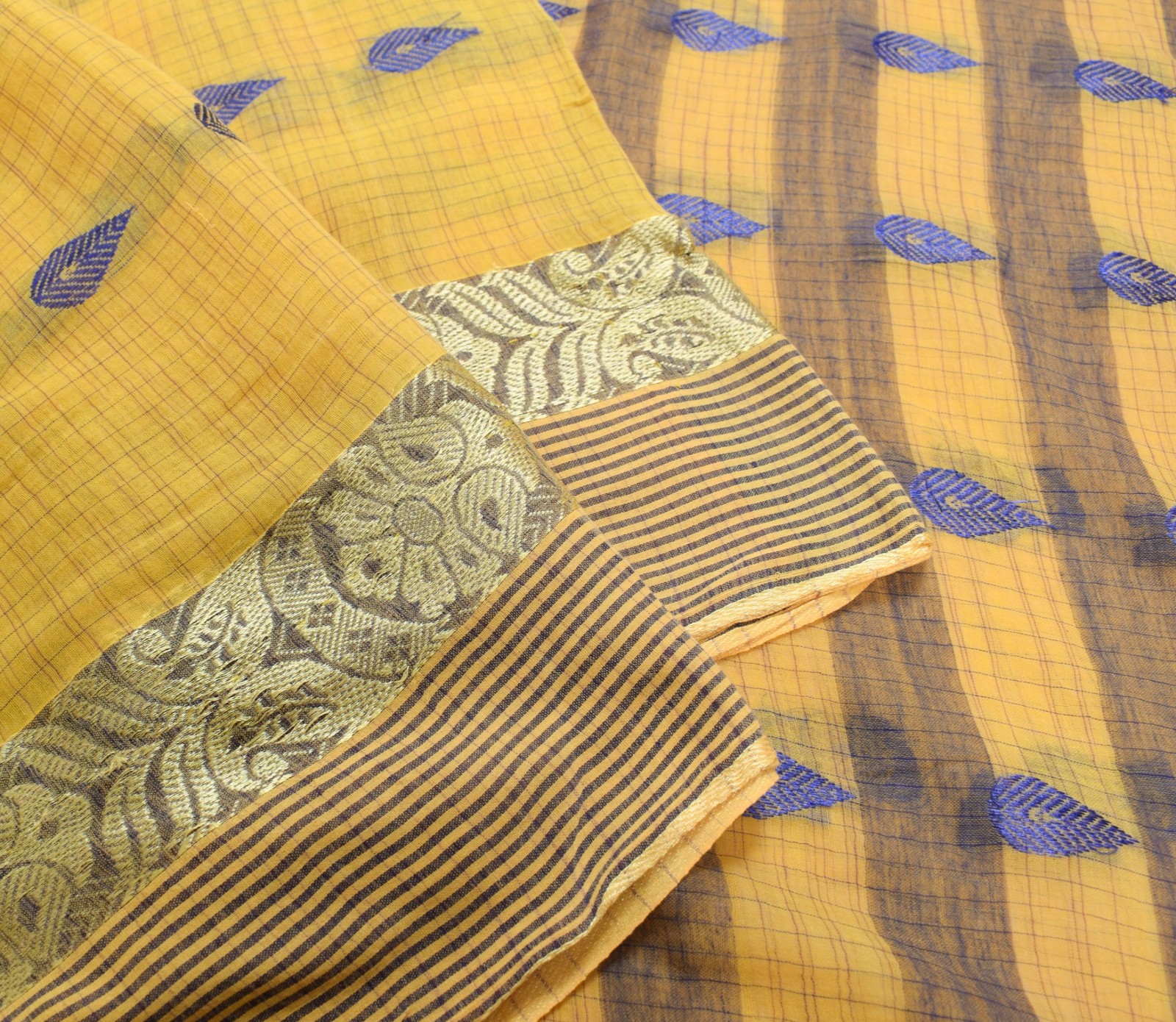 Sushila Vintage Handloom Tant Woven Saree Yellow Pure Cotton Soft Sari Fabric