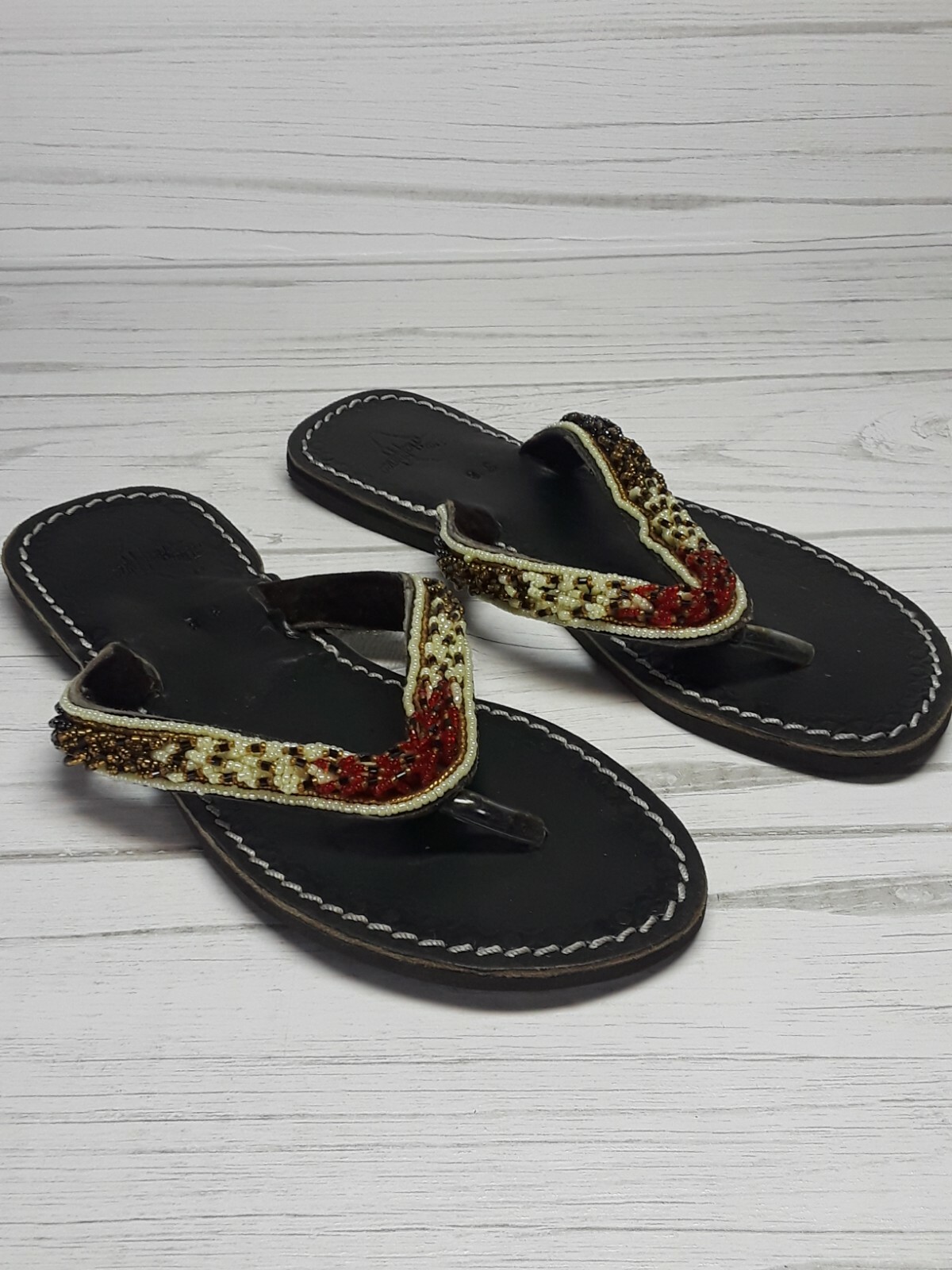 Hand Made True Happiness Native American Leather Beaded Sandals Flip Flops 38