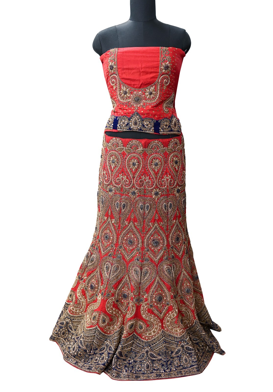 Heavy Red Raw Silk/Net Hand Embroidered Lehenga 3pcs Set By Designer Sabyasachi