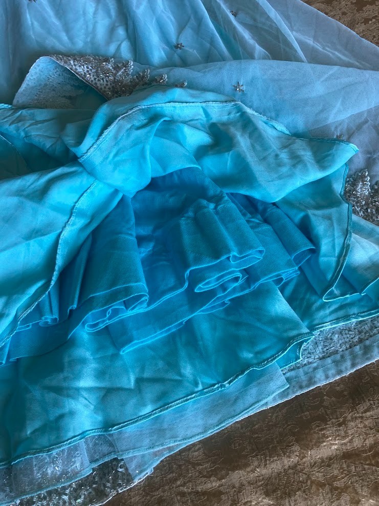 Vintage Indian Sky Blue Tulle Lehenga Skirt Glass Bugle Bead Silver Zardozi 44″