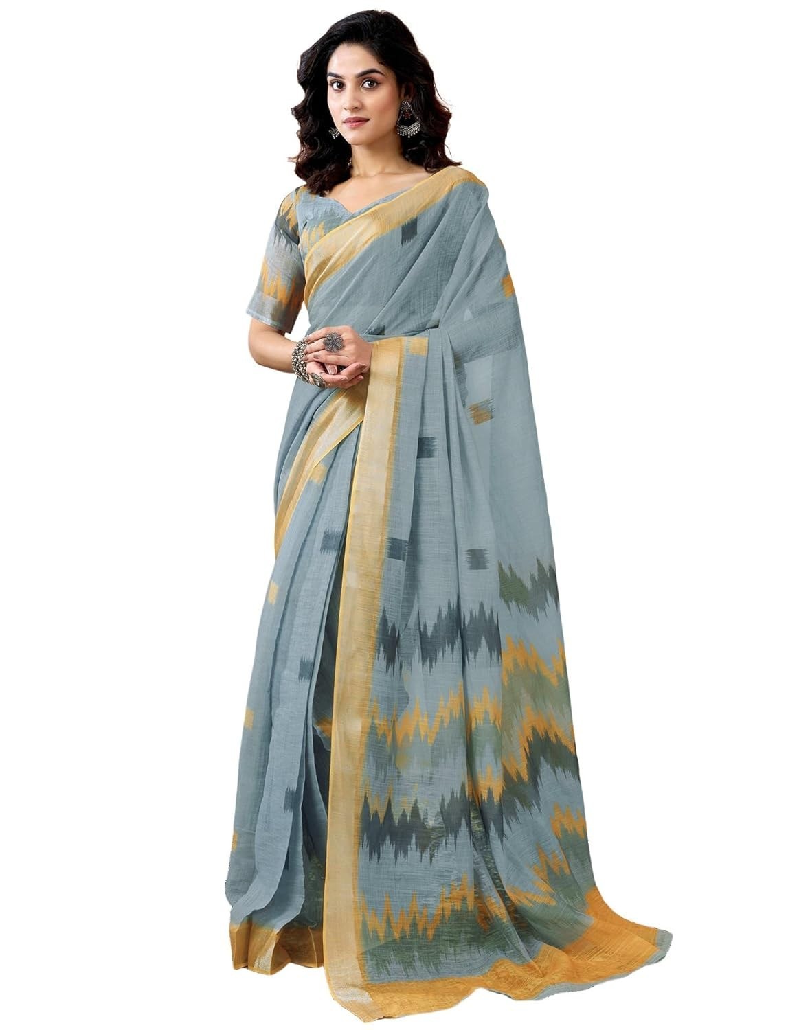 Women’s Printed Cotton Linen One Minute Ready to Wear Saree with Pocket & Blouse